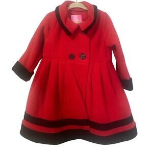 GoodLad Bright Red Girls Fleece Swing Coat Double Breasted Black Buttons Sz 3T